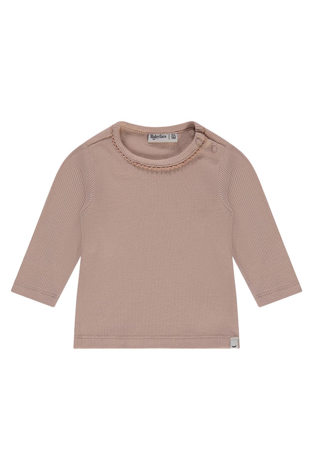 Oudroze meisjes Babyface longsleeve rib gebreid van stretchkatoen met effen, lange mouwen, ronde hals en drukknoopsluiting