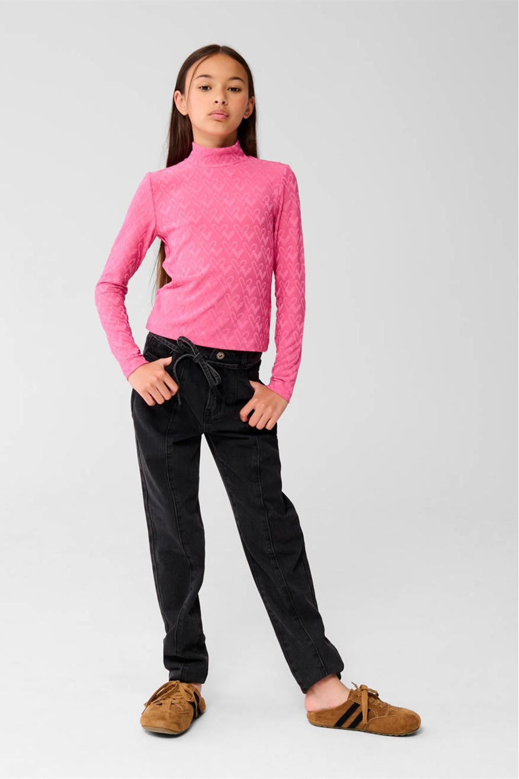 Roze meisjes Shoeby top van polyester met effen, lange mouwen, ronde hals en textuur