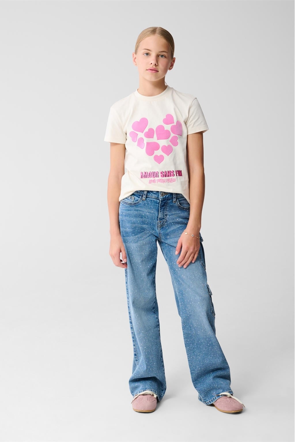 Ecru meisjes Shoeby T-shirt van katoen met effen, korte mouwen, ronde hals en borduursels
