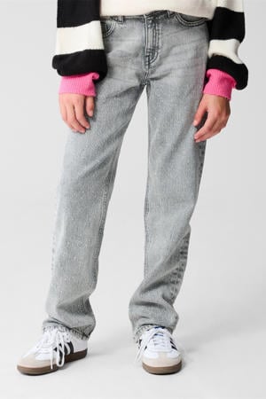 straight high waist jeans met strass steentjes grey denim
