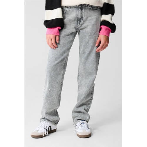 Shoeby straight high waist jeans met strass steentjes grey denim afbeelding