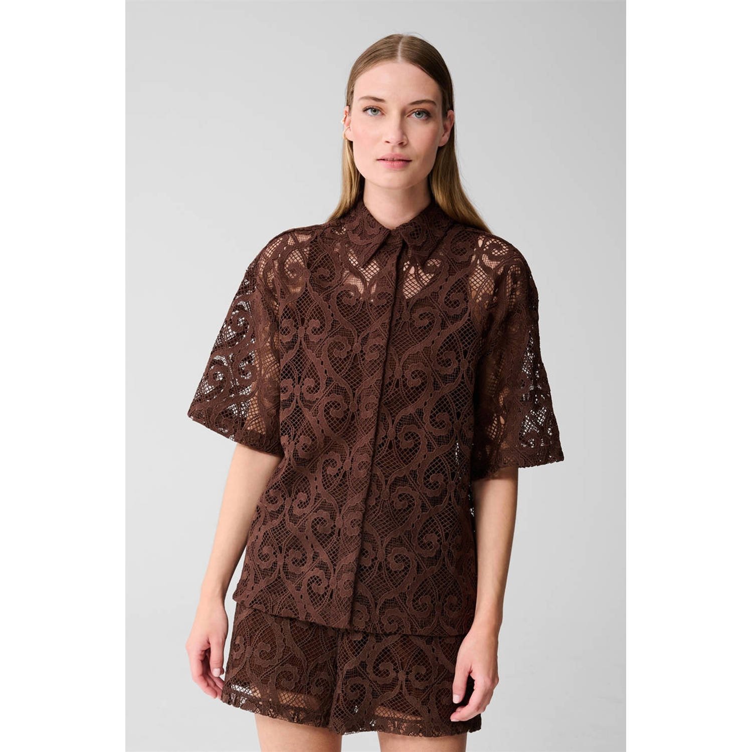 Shoeby kanten blouse donkerbruin