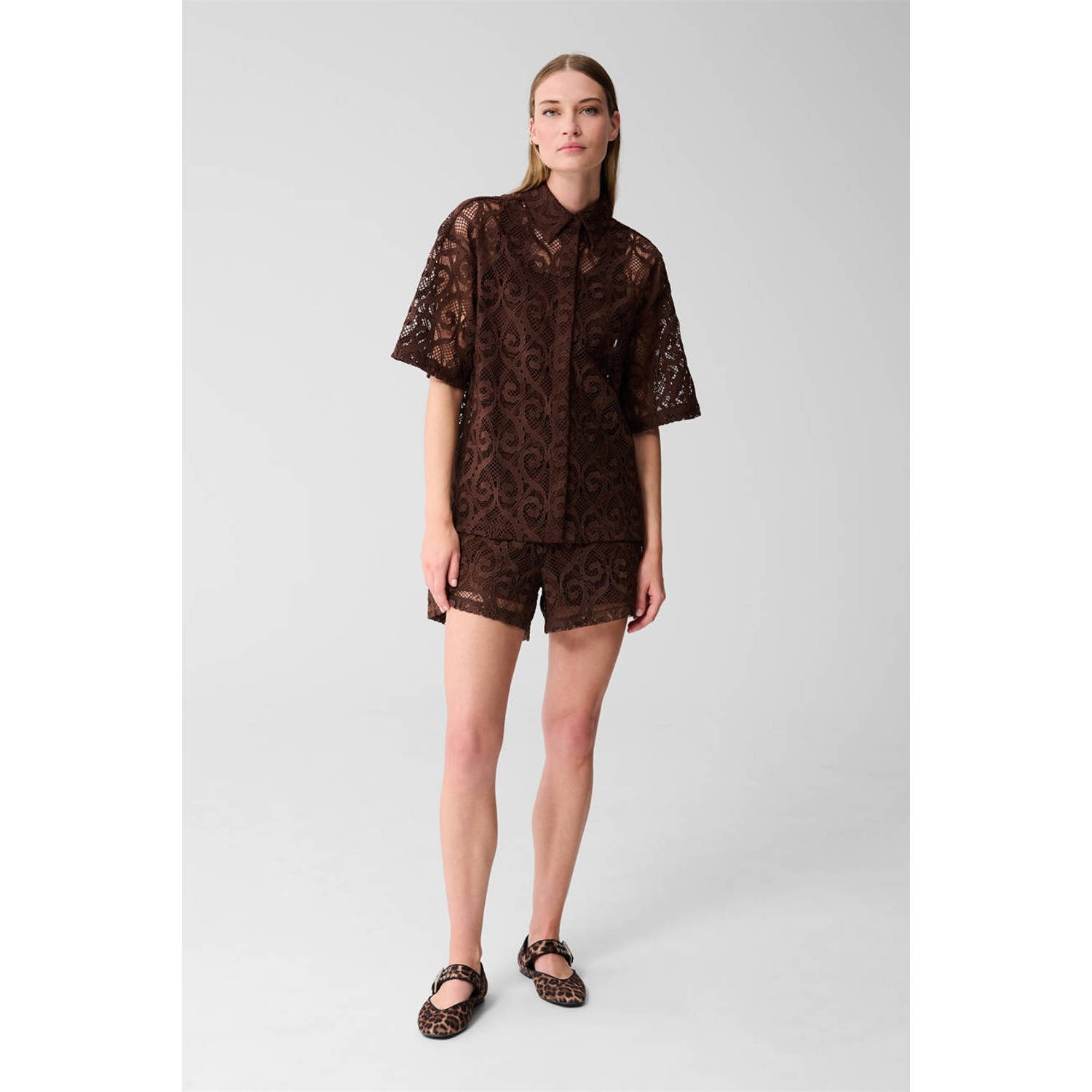 Shoeby kanten blouse donkerbruin