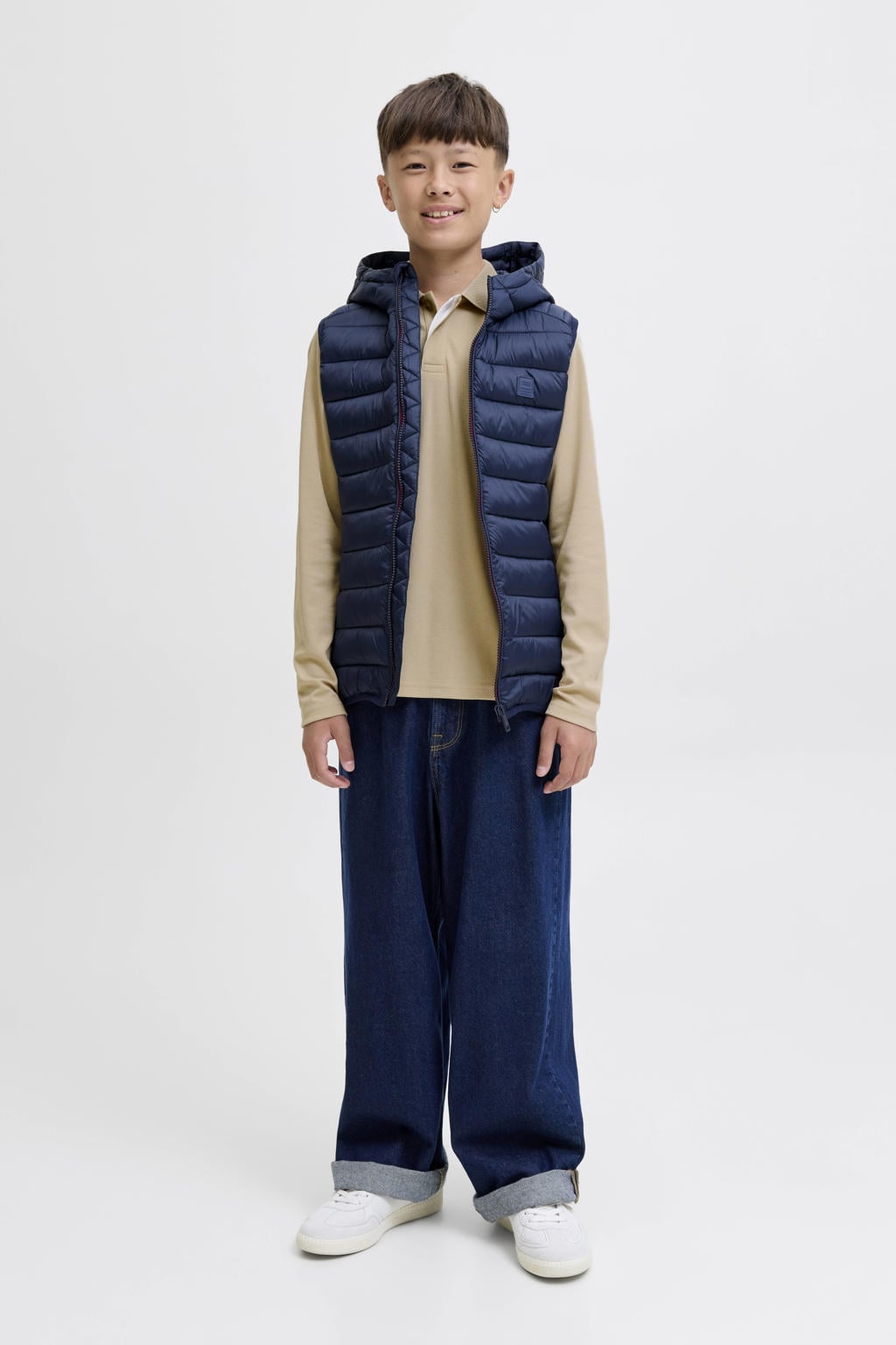 Lichtkaki jongens JACK & JONES JUNIOR polo van katoen met effen, lange mouwen en knoopsluiting