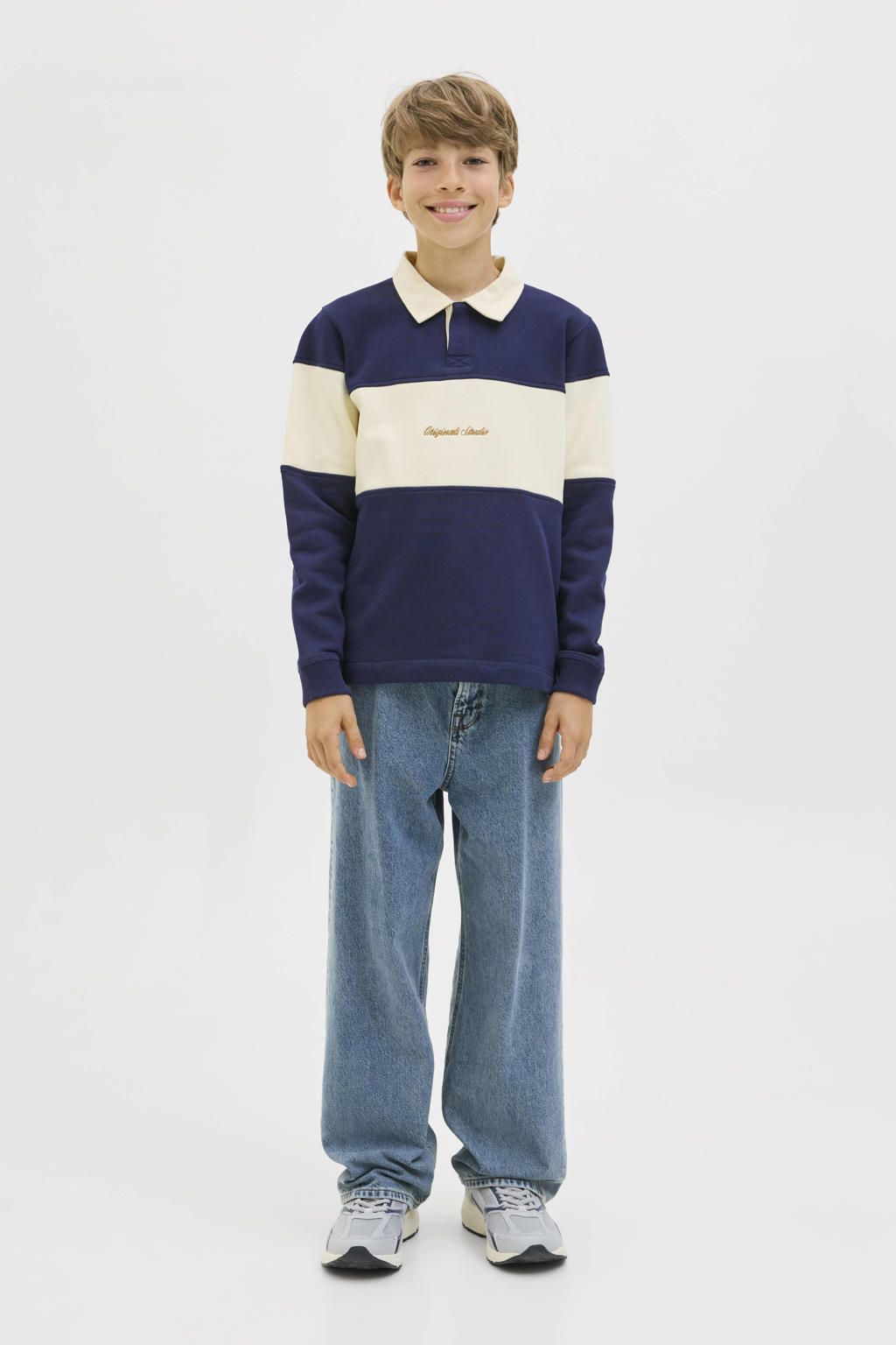 Donkerblauw en ecru jongens JACK & JONES JUNIOR sweater met strepenprint, lange mouwen, polo kraag, knoopsluiting en geribde boorden
