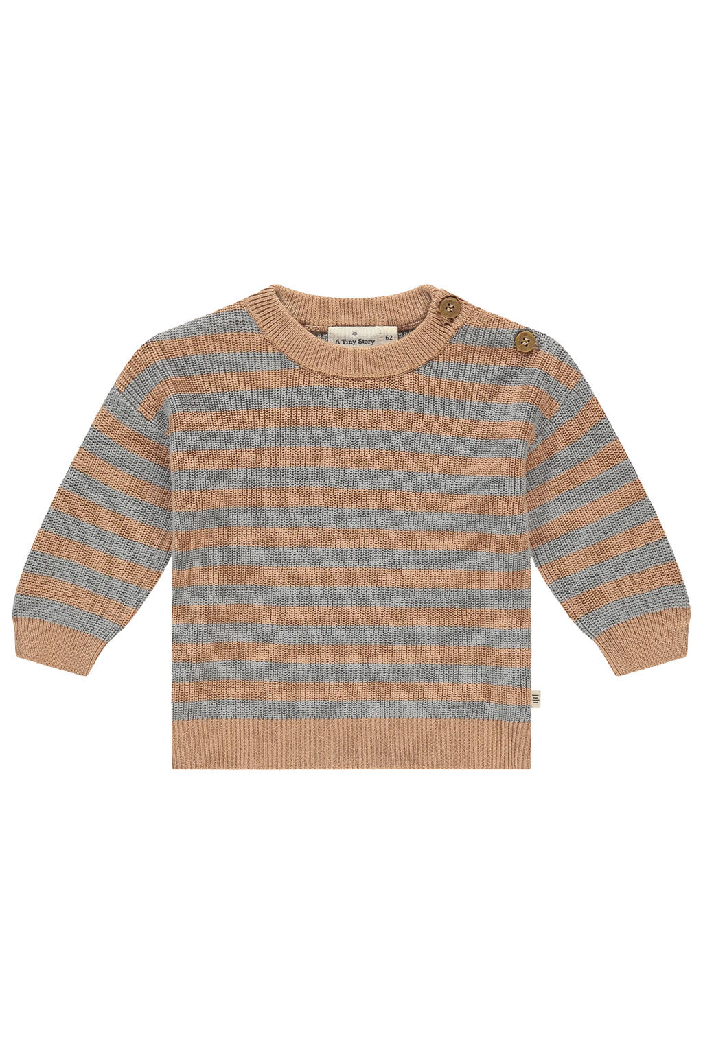 Bruine jongens A Tiny Story trui gebreid van katoen met strepenprint, lange mouwen, ronde hals en knoopsluiting