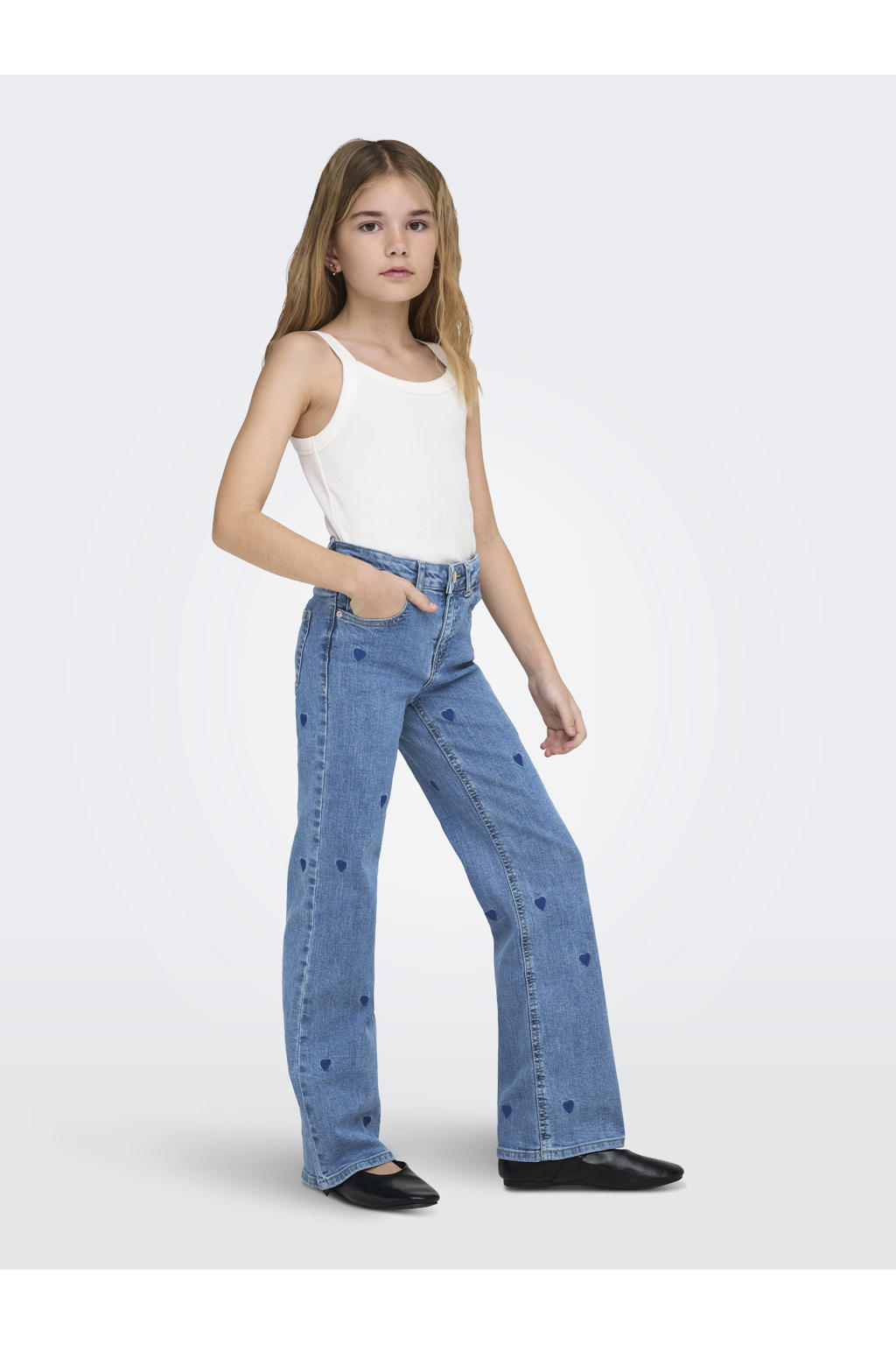 Light blue denim meisjes KIDS ONLY GIRL wide leg jeans blue hearts van stretchkatoen met rits- en knoopsluiting