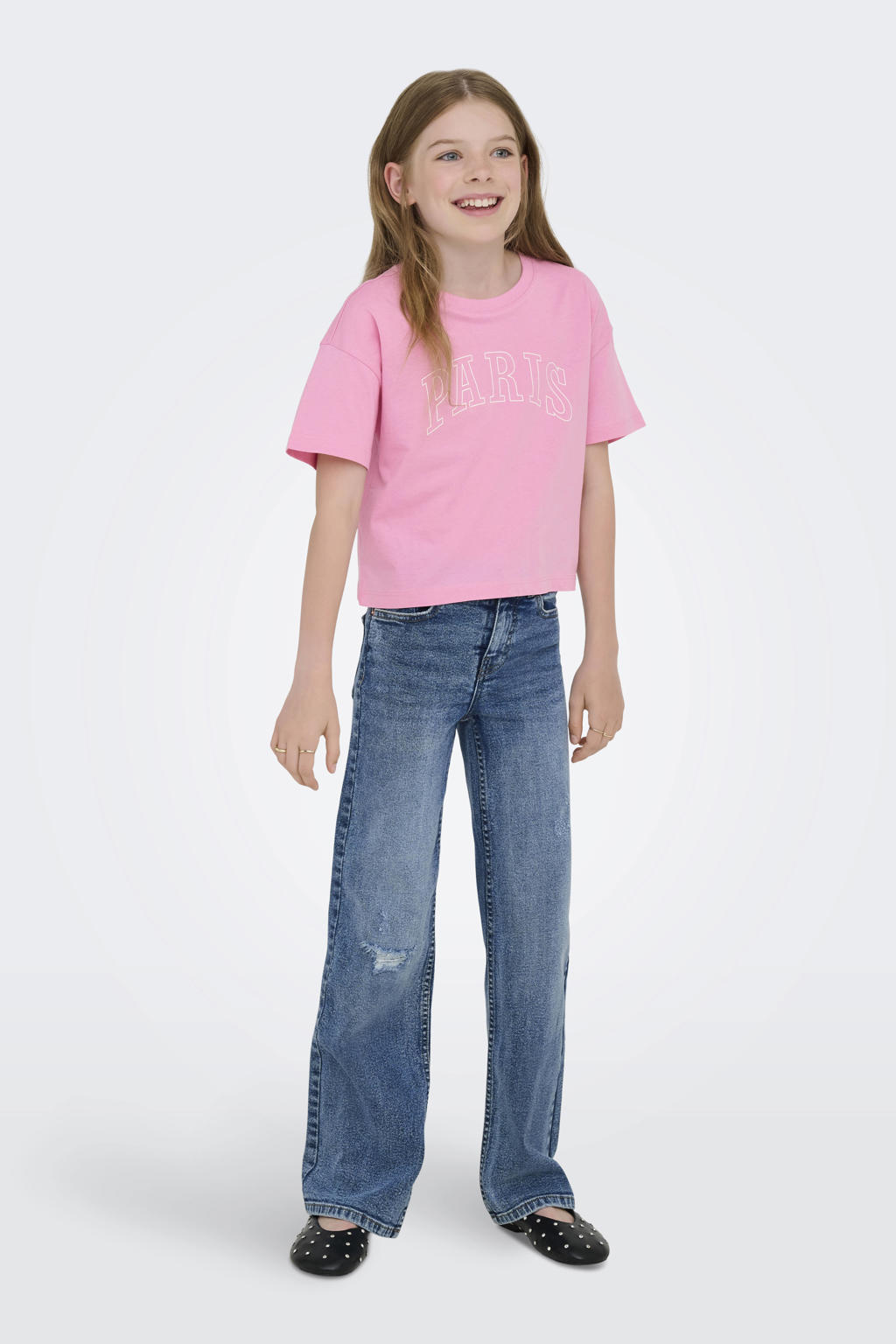 Roze meisjes KIDS ONLY GIRL T-shirt van katoen met tekst print, korte mouwen en ronde hals