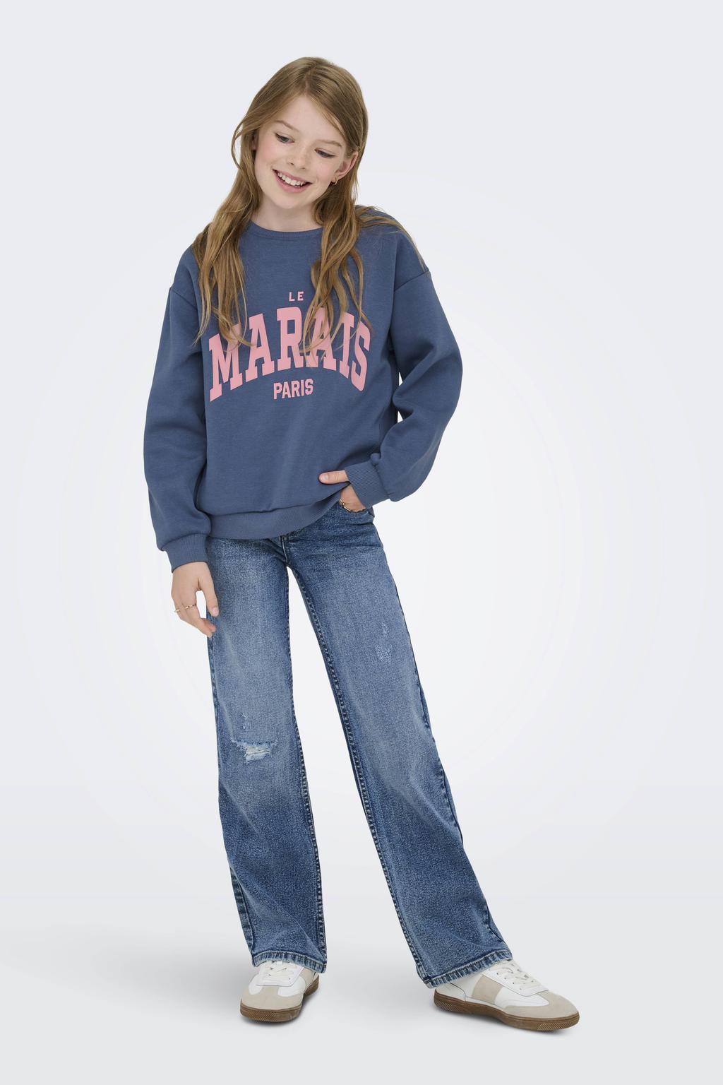Blauwe meisjes KIDS ONLY GIRL sweater met printopdruk, lange mouwen, ronde hals en geribde boorden