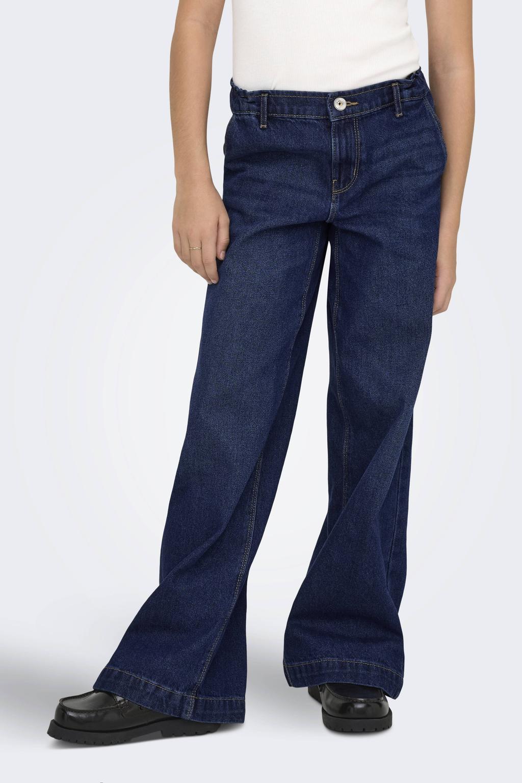 Dark blue denim meisjes KIDS ONLY GIRL high waist wide leg jeans dark blue van denim met rits- en knoopsluiting en effen