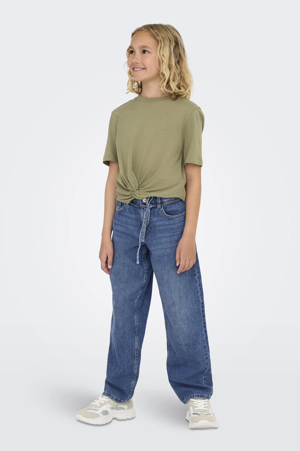 Medium blue denim meisjes KIDS ONLY GIRL high waist straight leg jeans van denim met rits- en knoopsluiting en effen