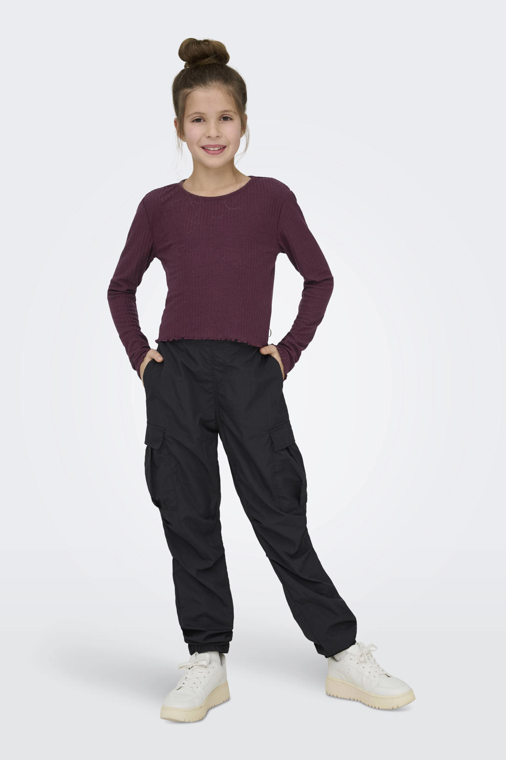 Paarse meisjes KIDS ONLY GIRL longsleeve van polyester met effen, lange mouwen, ronde hals en golvende afwerking