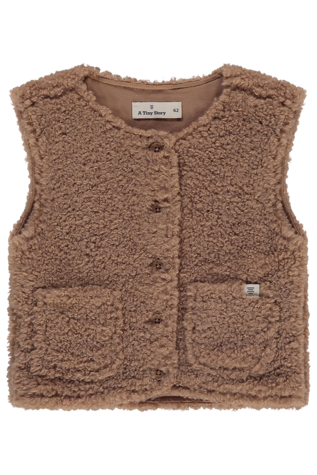 Bruine meisjes A Tiny Story teddy gilet met effen, ronde hals en knoopsluiting