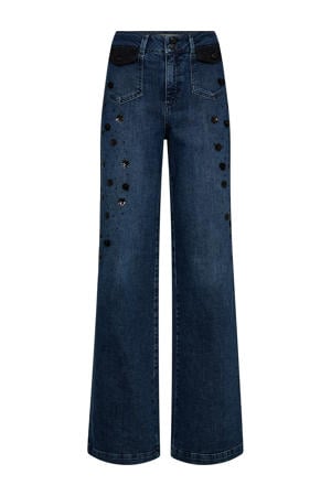 high waist wide leg jeans dark blue denim met pailletten