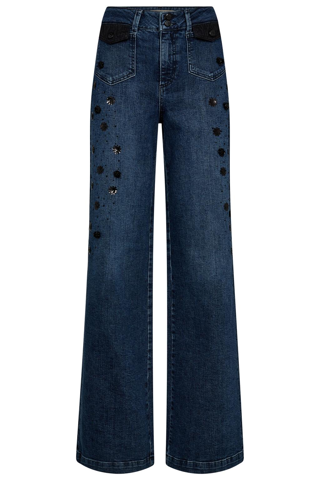 Dark blue denim dames Mos Mosh high waist wide leg jeans dark blue van denim met effen