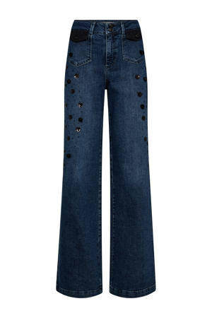 high waist wide leg jeans dark blue denim met pailletten