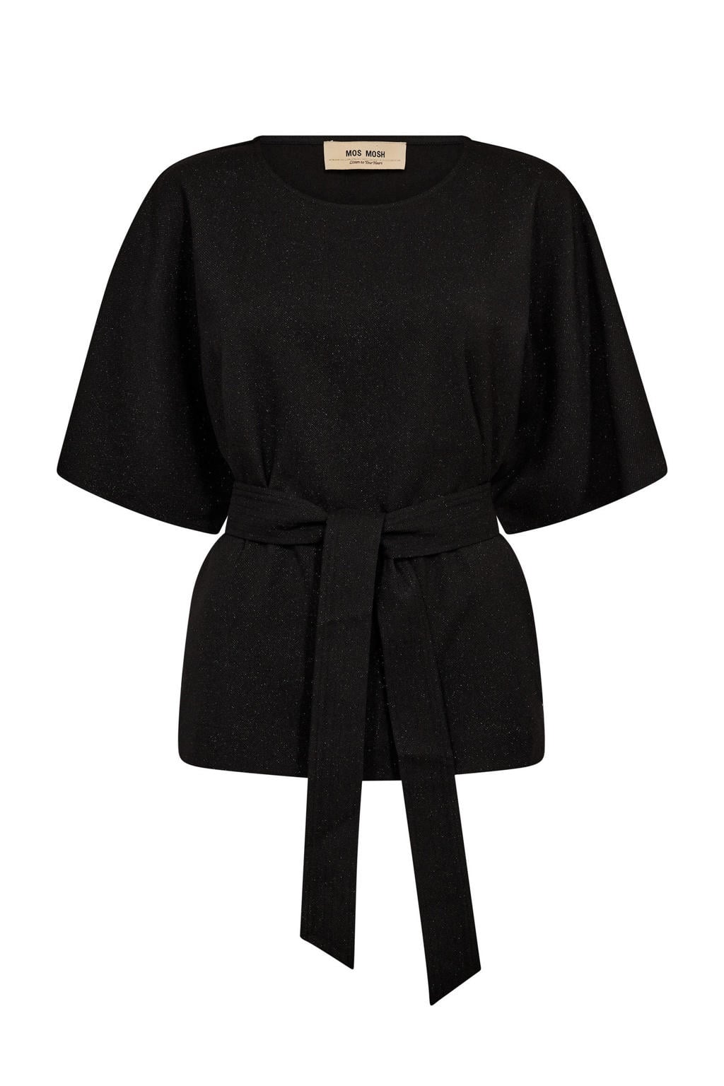 Zwarte dames Mos Mosh top van polyester met effen, korte mouwen, klassieke kraag en ceintuur