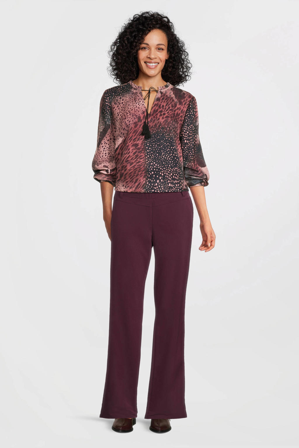 Donkerrood en zwarte dames Dreamstar blousetop van viscose met lange mouwen, V-hals en elastische tailleband