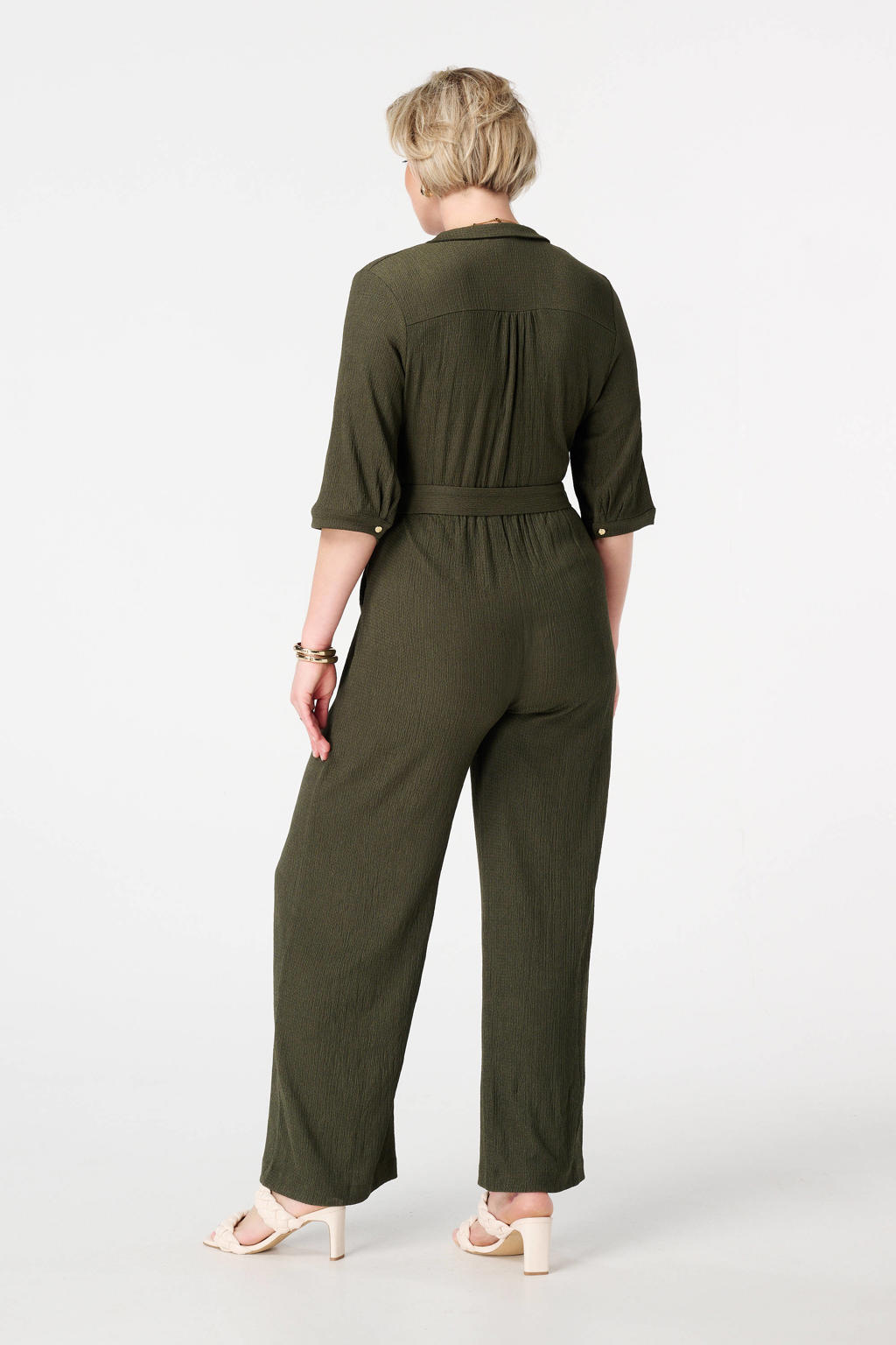 Ecru en kakikleurige dames MS Mode jumpsuit van polyester met knoopsluiting