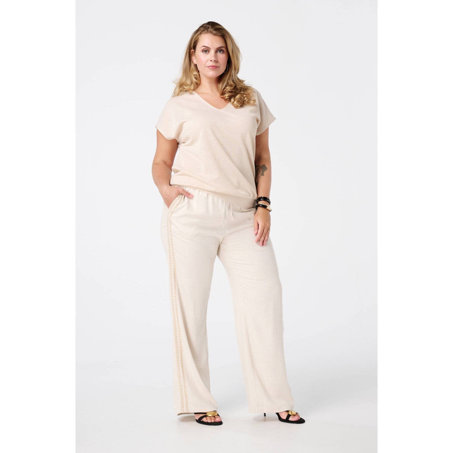 MS Mode linnen wide leg regular waist broek ecru