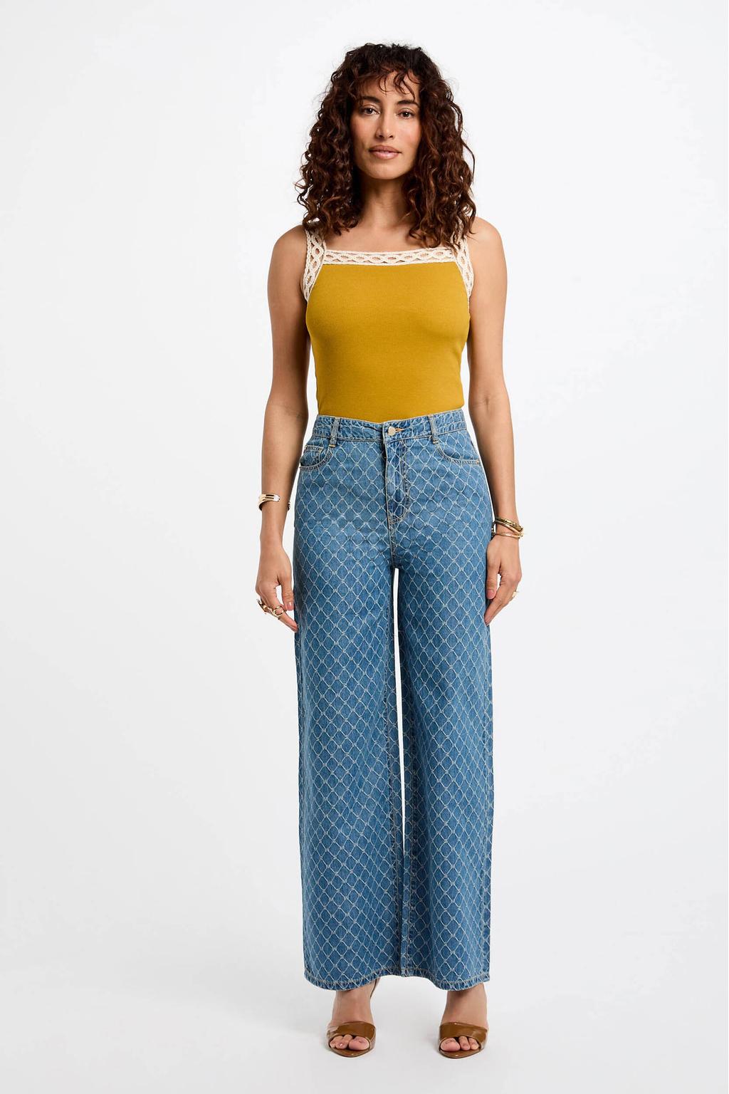 Medium blue denim dames Morgan wide leg jeans van denim met rits- en knoopsluiting