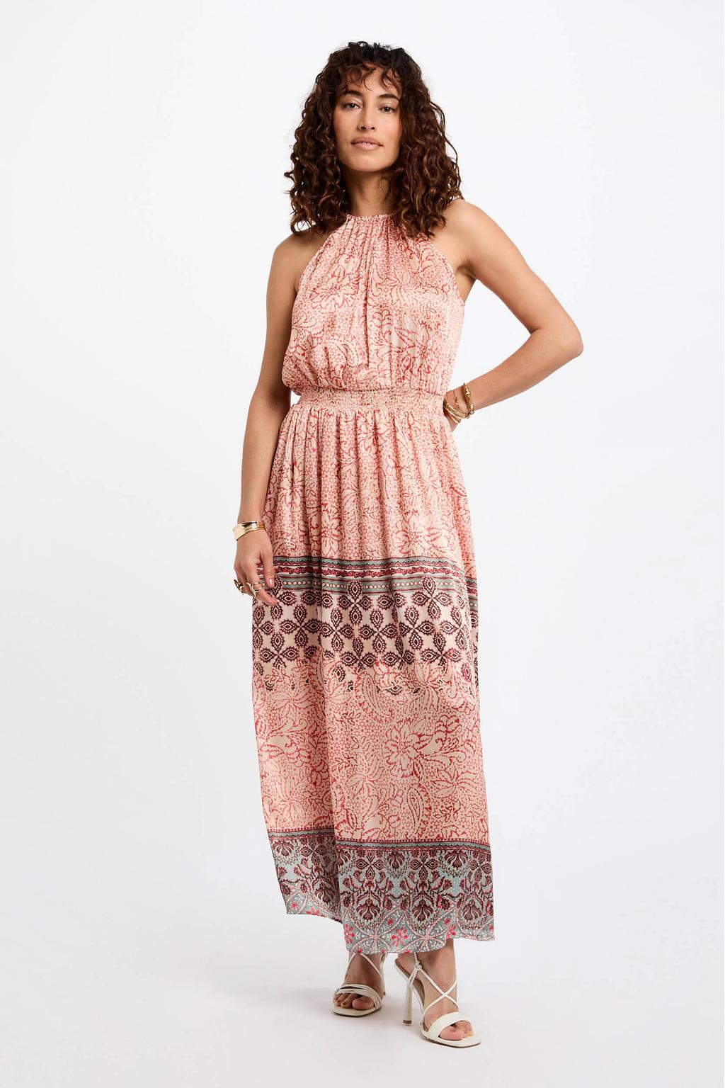Ecru en roze dames Morgan satijnen jurk met bloemenprint, halterkraag en elastische tailleband
