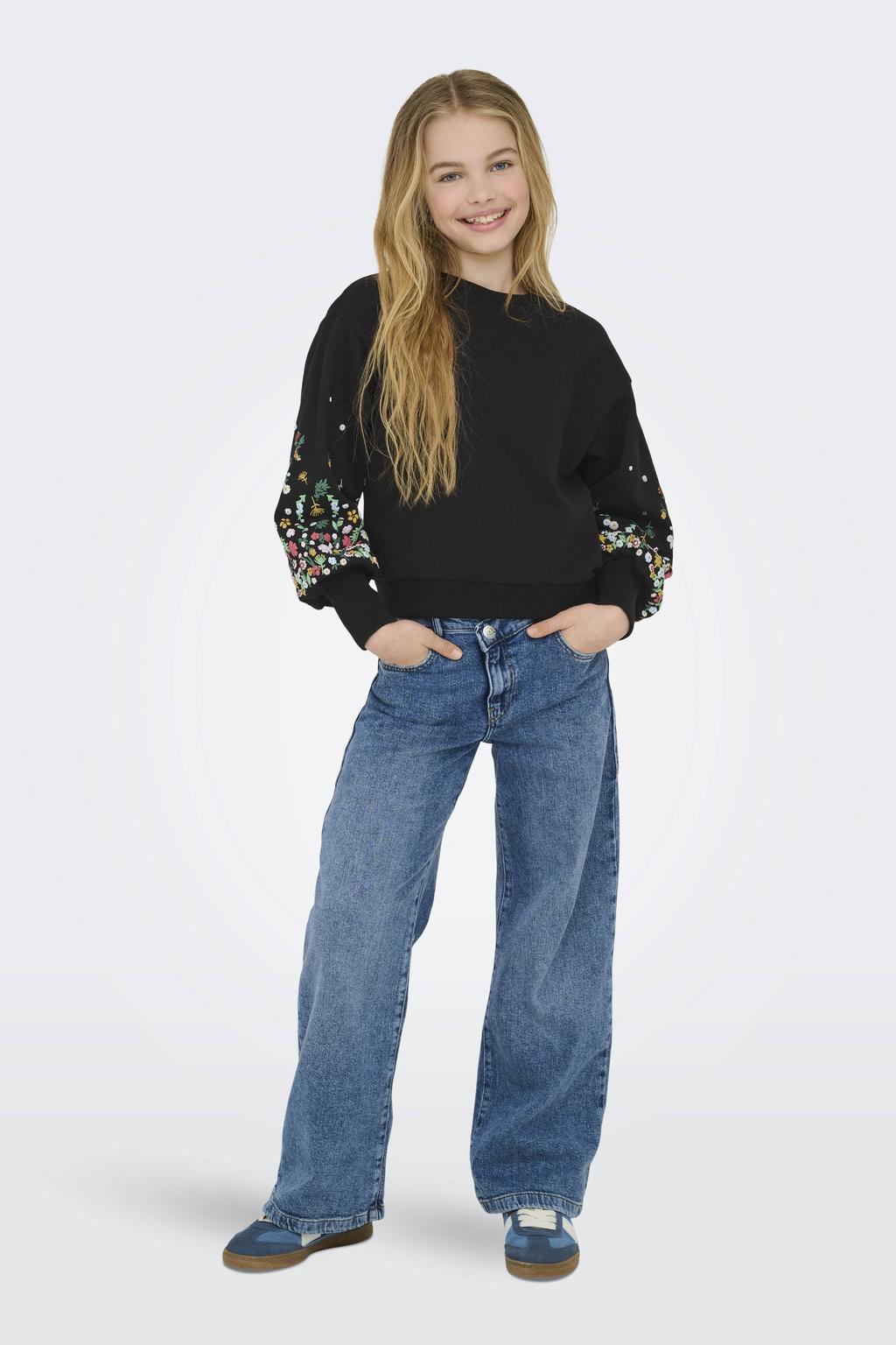 Zwarte meisjes KIDS ONLY GIRL sweater met bloemenprint, lange mouwen, ronde hals en geribde boorden