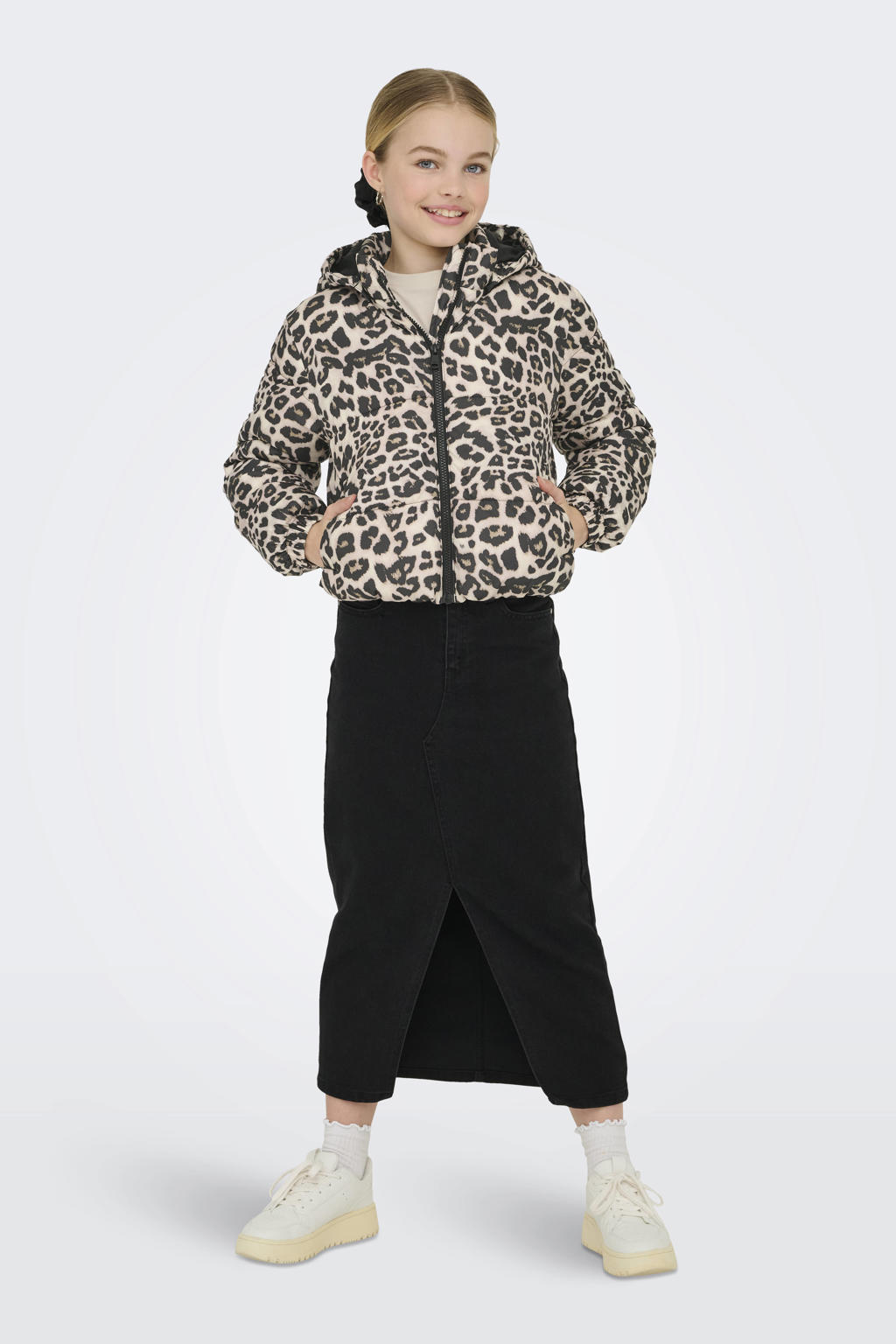 Zilverkleurige meisjes KIDS ONLY GIRL gewatteerde jas van polyester met dierenprint, lange mouwen, capuchon en ritssluiting
