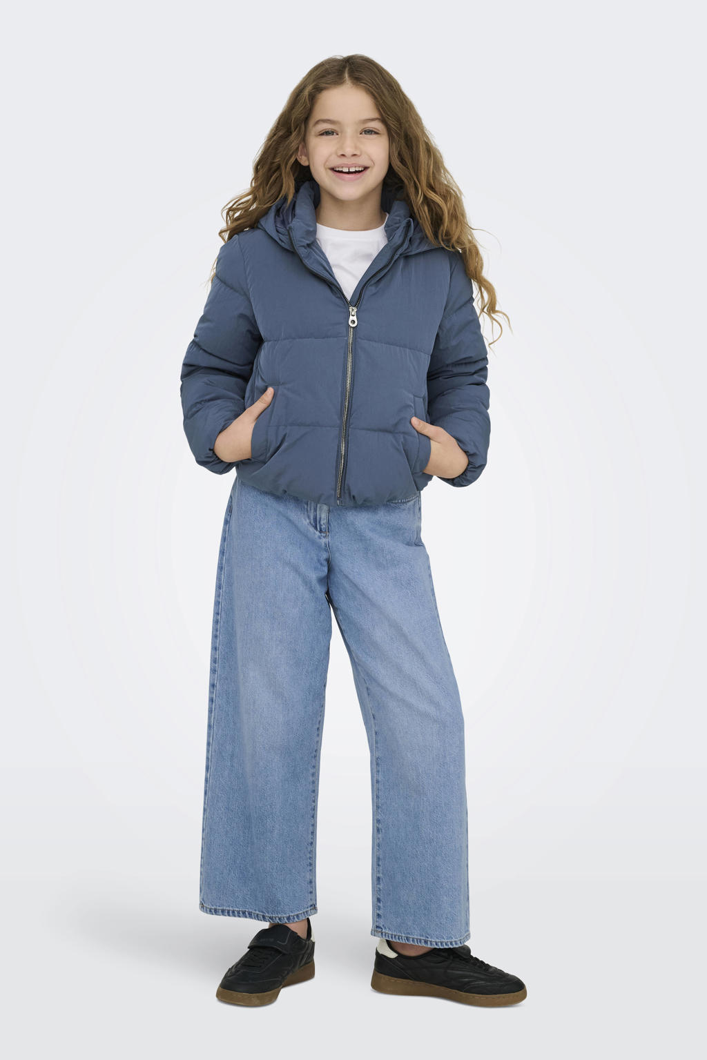 Blauwe meisjes KIDS ONLY GIRL gewatteerde jas van polyester met effen, lange mouwen, opstaande kraag en ritssluiting