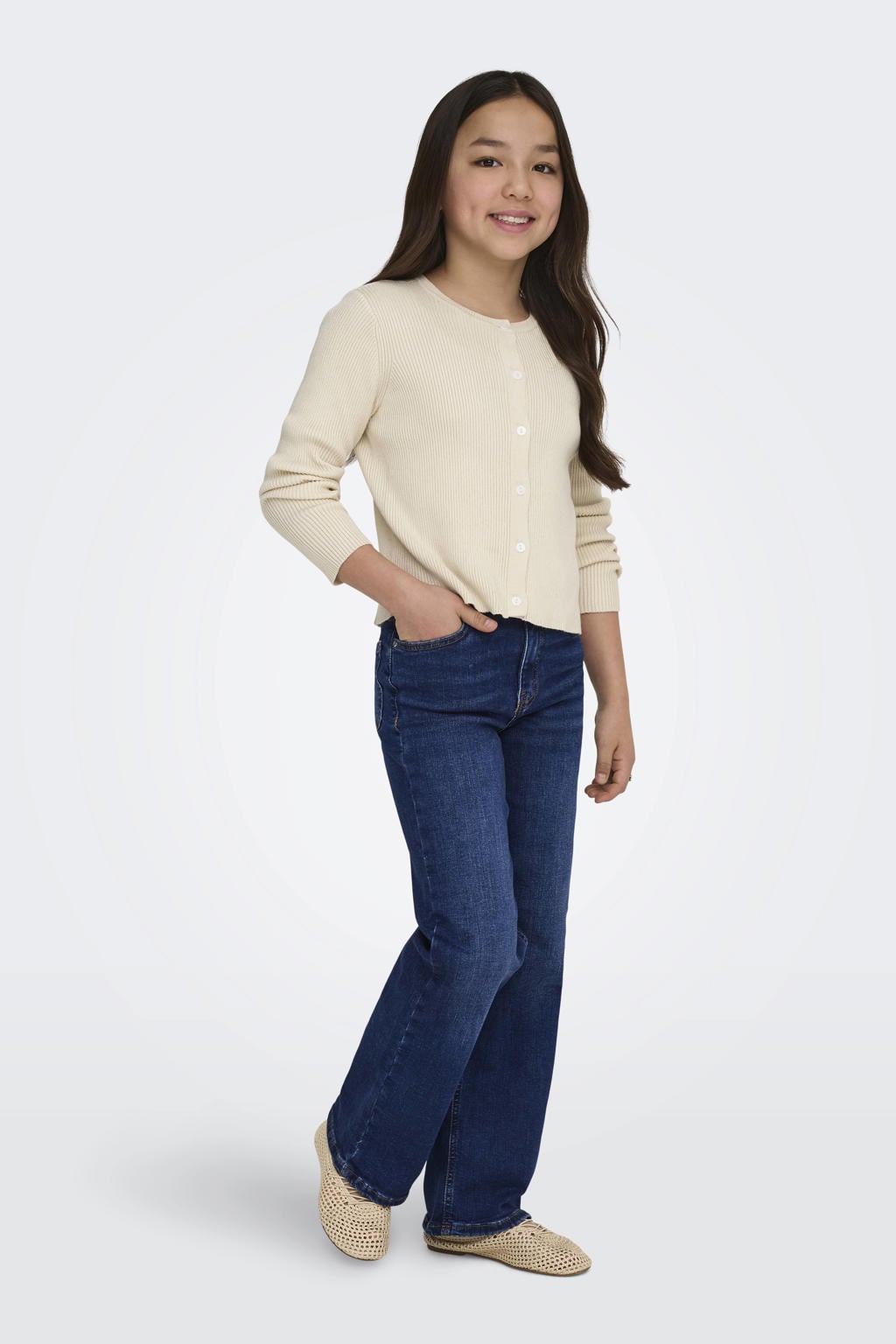 Dark blue denim meisjes KIDS ONLY GIRL wide leg jeans dark blue van stretchdenim met rits- en knoopsluiting en effen