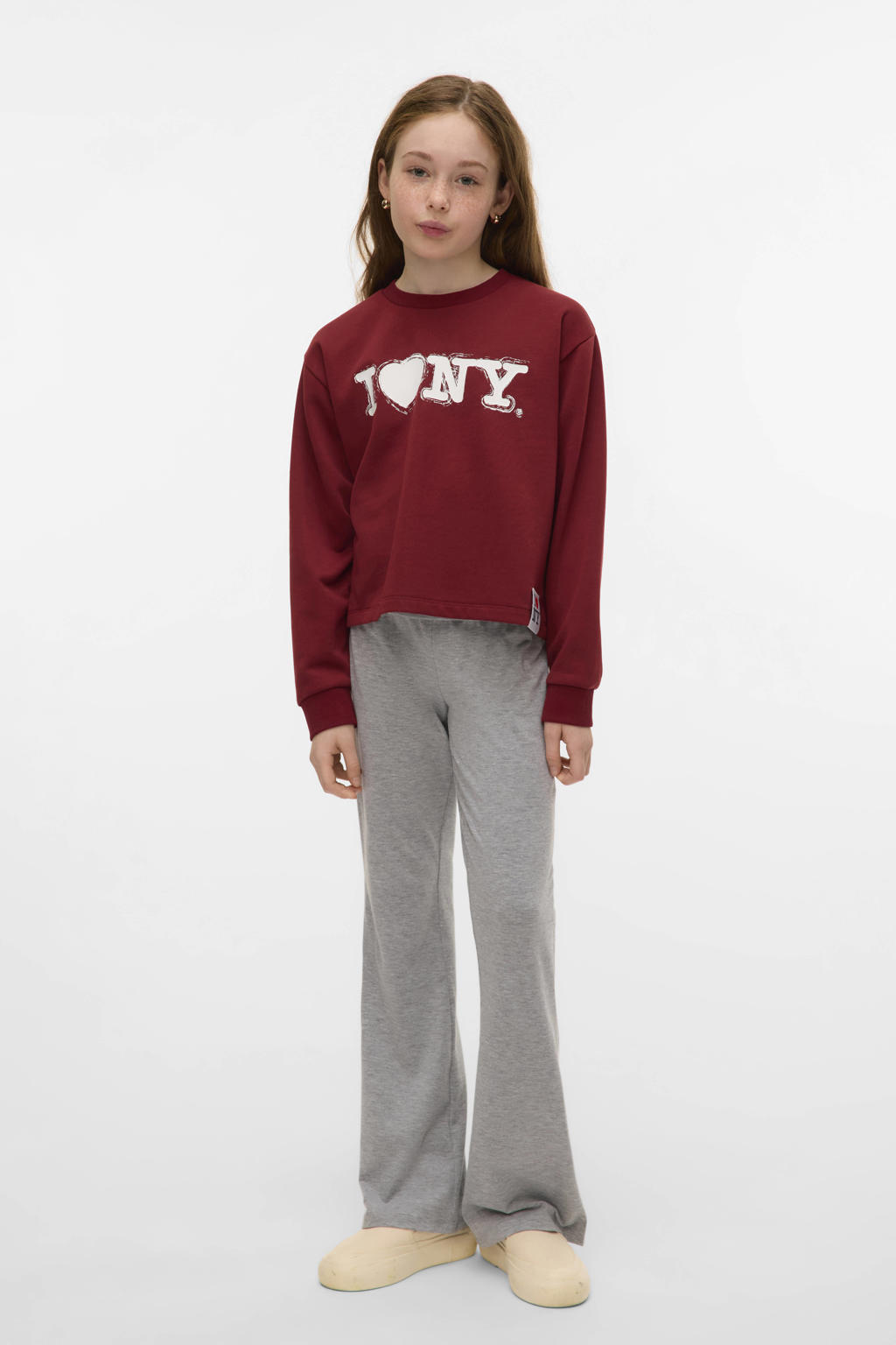 Donkerrode meisjes VERO MODA GIRL sweater met printopdruk, lange mouwen en ronde hals