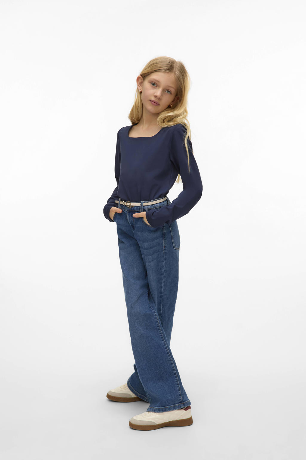 Donkerblauwe meisjes VERO MODA GIRL blousetop van polyester met effen, lange mouwen, vierkante hals en reversible detail
