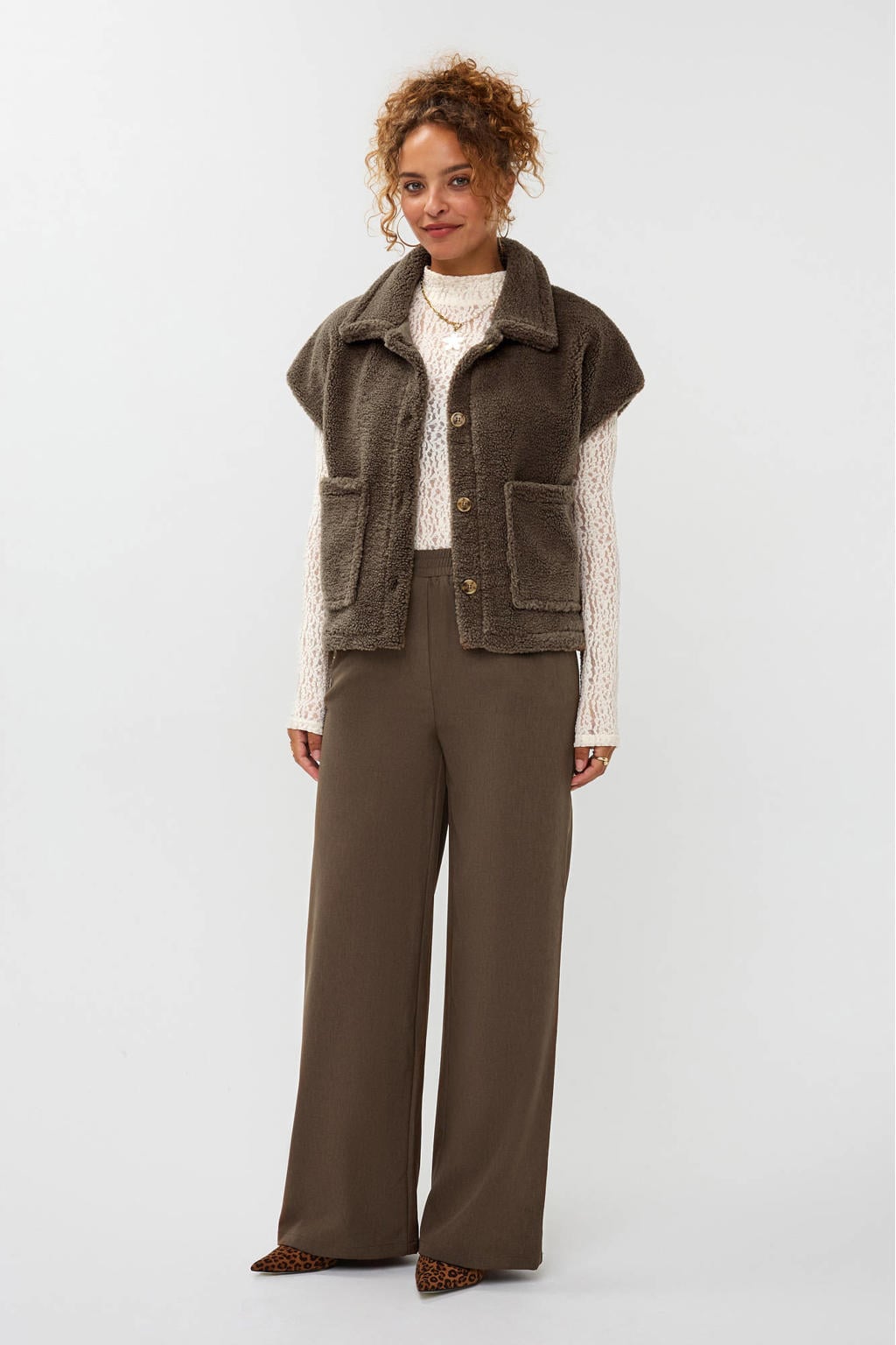 Donkerblauwe dames Ydence wide leg regular waist casual broek met effen