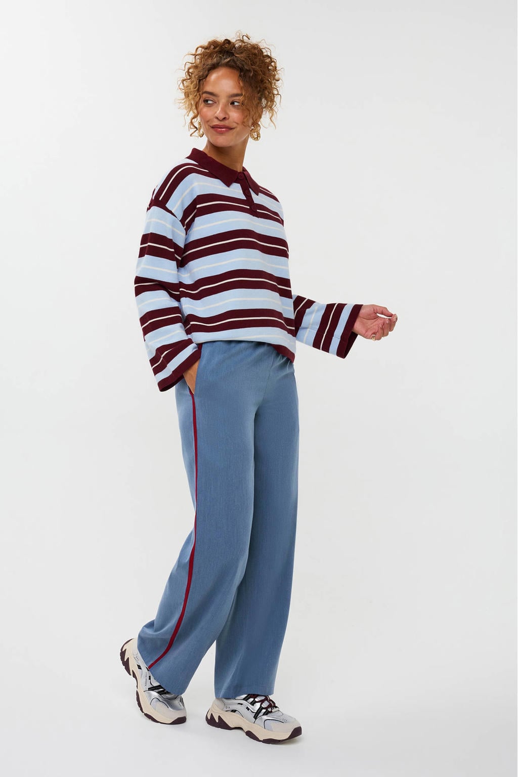 Multikleurige dames Ydence top van viscose met strepenprint, lange mouwen en polo kraag