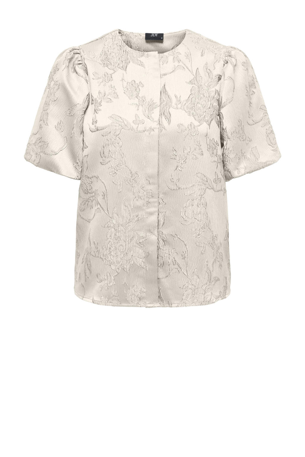 Ecru dames JDY blousetop van polyester met korte mouwen, ronde hals, knoopsluiting en geweven detail