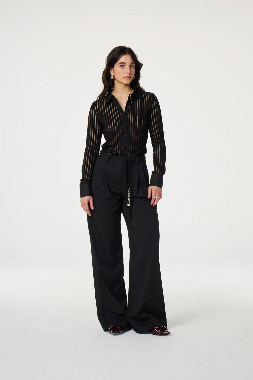 Zwarte dames Fabienne Chapot gestreepte blouse van polyester met lange mouwen, klassieke kraag, knoopsluiting en semi-transparante details