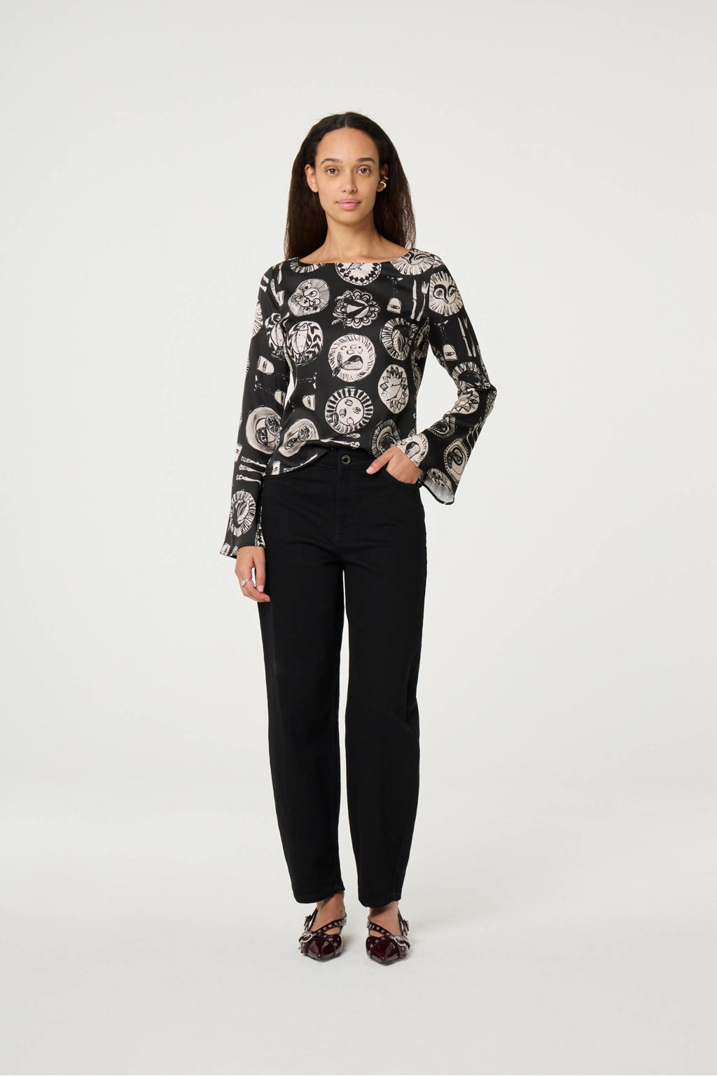 Zwart en ecru dames Fabienne Chapot top van polyester met lange mouwen en boothals