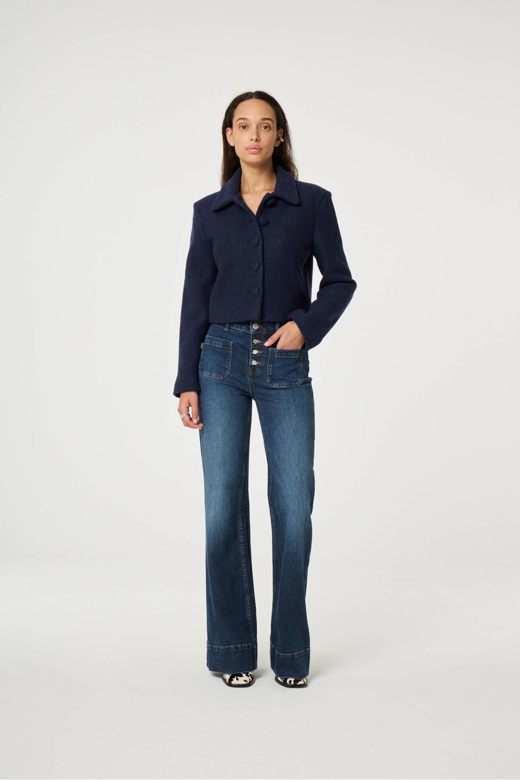 Medium blue denim dames Fabienne Chapot bootcut jeans van denim met regular waist, rits- en knoopsluiting en effen