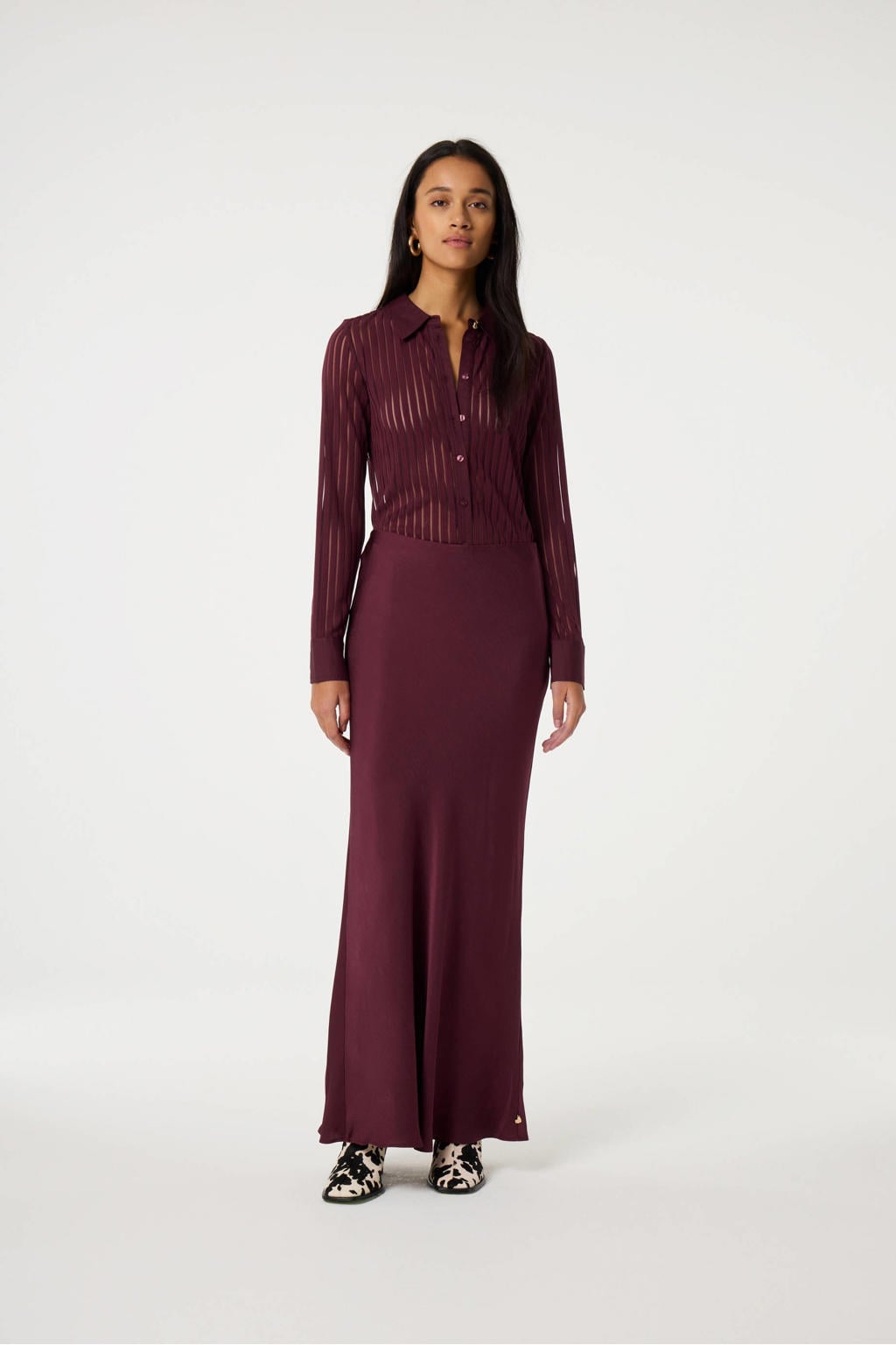 Donkerrode dames Fabienne Chapot gestreepte blouse van polyester met lange mouwen, klassieke kraag, knoopsluiting en semi-transparante details