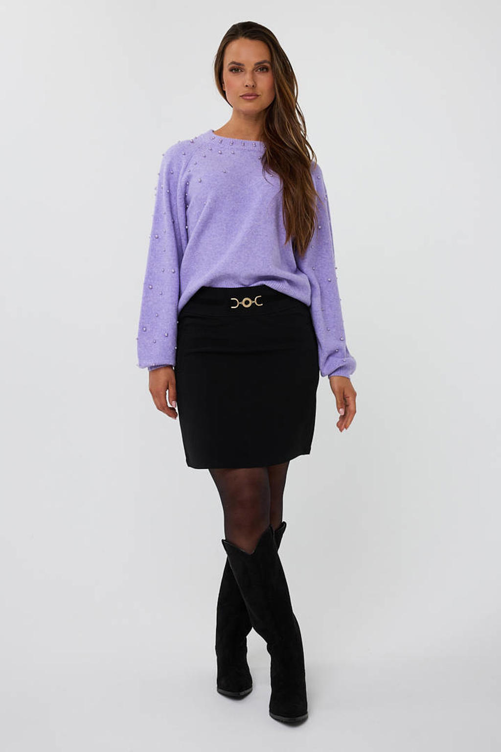 Lilakleurige dames Esqualo pullover van katoen met effen, lange mouwen, ronde hals en parels
