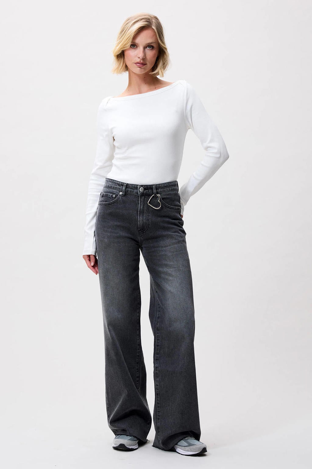 Grey denim dames Catwalk Junkie high waist wide leg jeans van katoen met rits- en knoopsluiting en effen