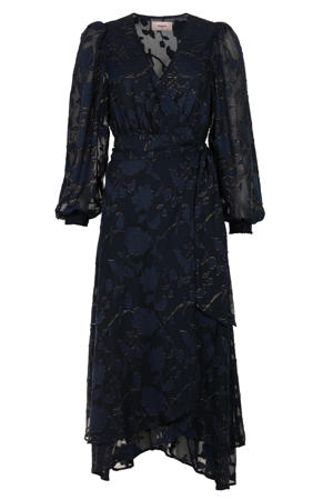 gebloemde wikkel-/overslagjurk met lurex donkerblauw