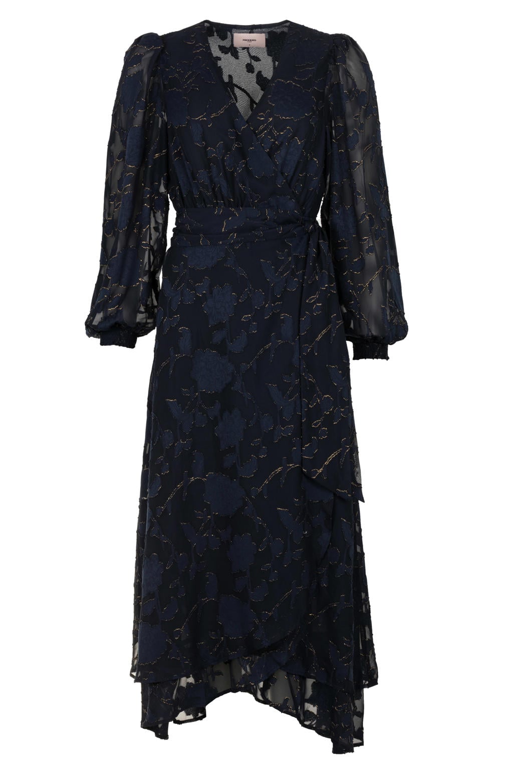 Donkerblauwe dames Freebird gebloemde wikkel- overslagjurk van polyester met lange mouwen en V-hals