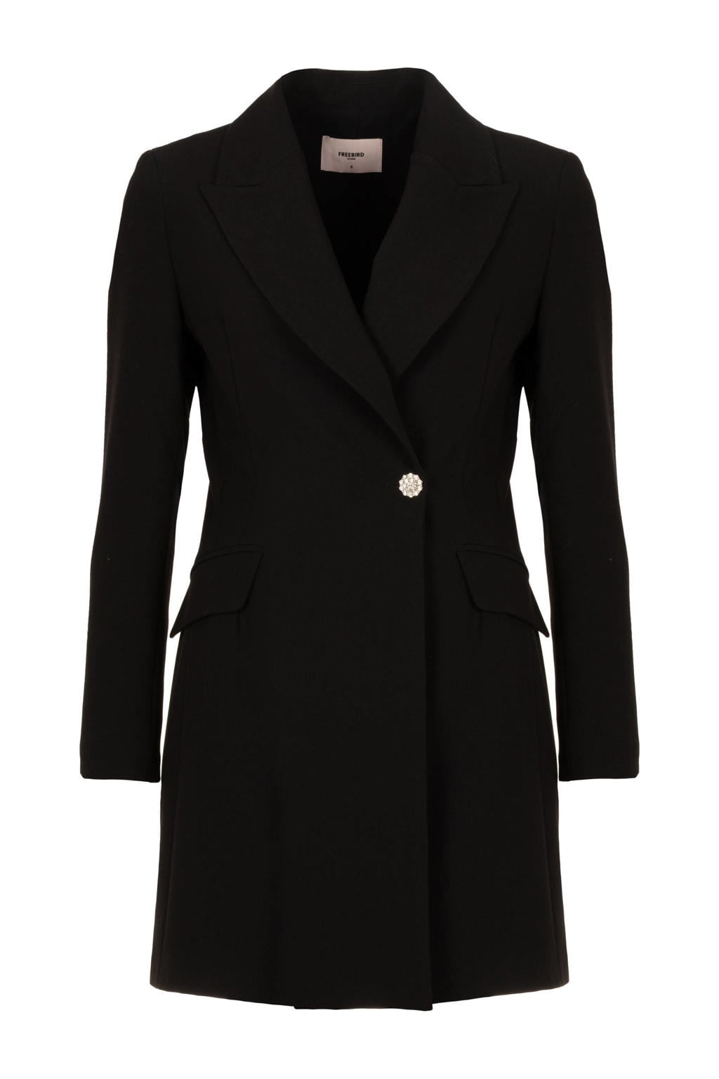 Zwarte dames Freebird jurk van polyester met effen, lange mouwen, reverskraag en knoopsluiting