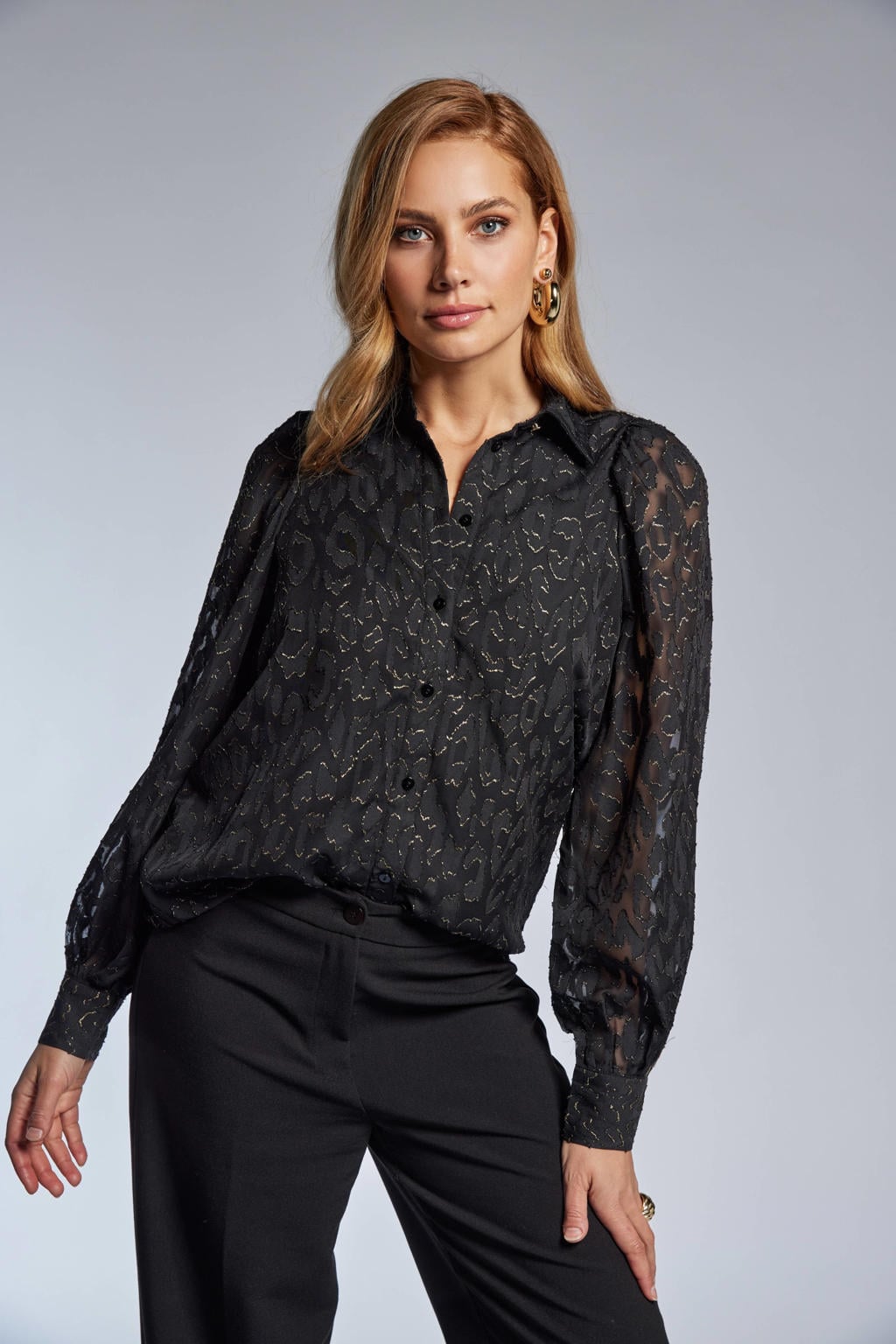 Zwart en gouden dames Freebird blouse van polyester met effen, lange mouwen, klassieke kraag, knoopsluiting en lurex