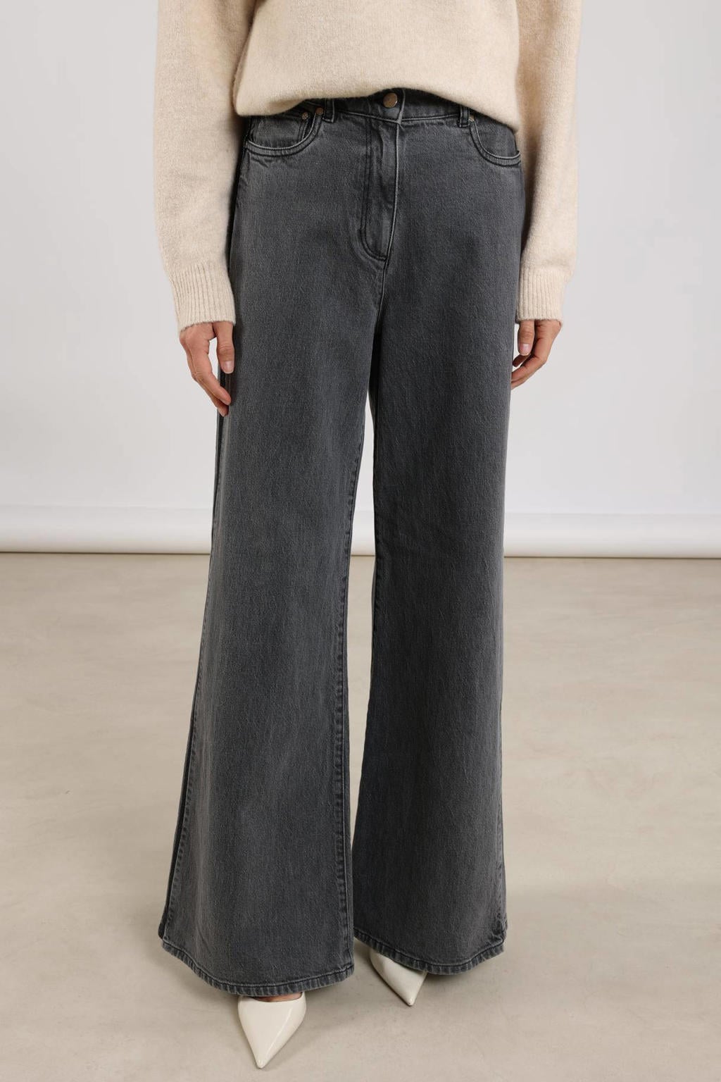 NUKUS high waist wide leg jeans grey denim met glitter