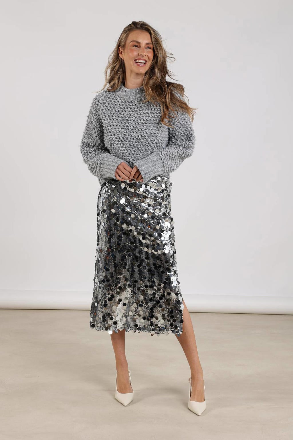 Zilverkleurige dames NUKUS midi rok met pailletten voorzien van