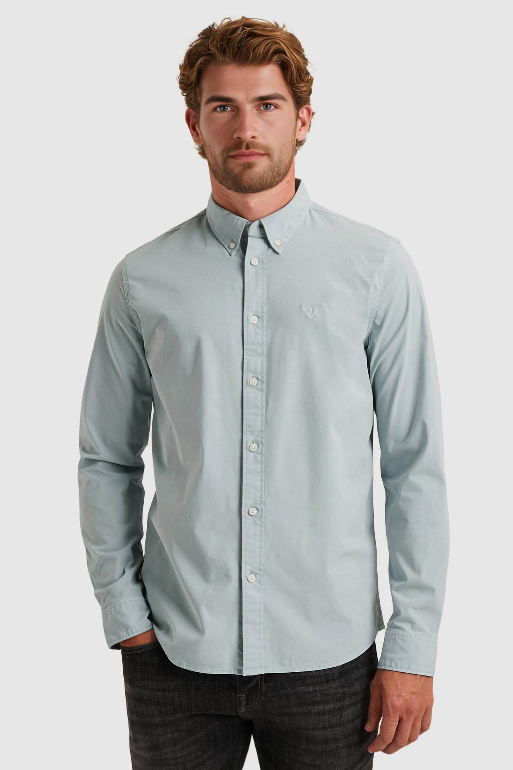 Lichtblauwe heren PME Legend regular casual overhemd van katoen met effen, lange mouwen, button down sluiting en knoopsluiting