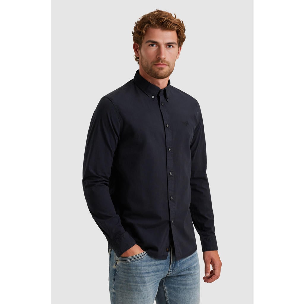 Donkerblauwe heren PME Legend regular casual overhemd van katoen met effen, lange mouwen, button down sluiting en knoopsluiting
