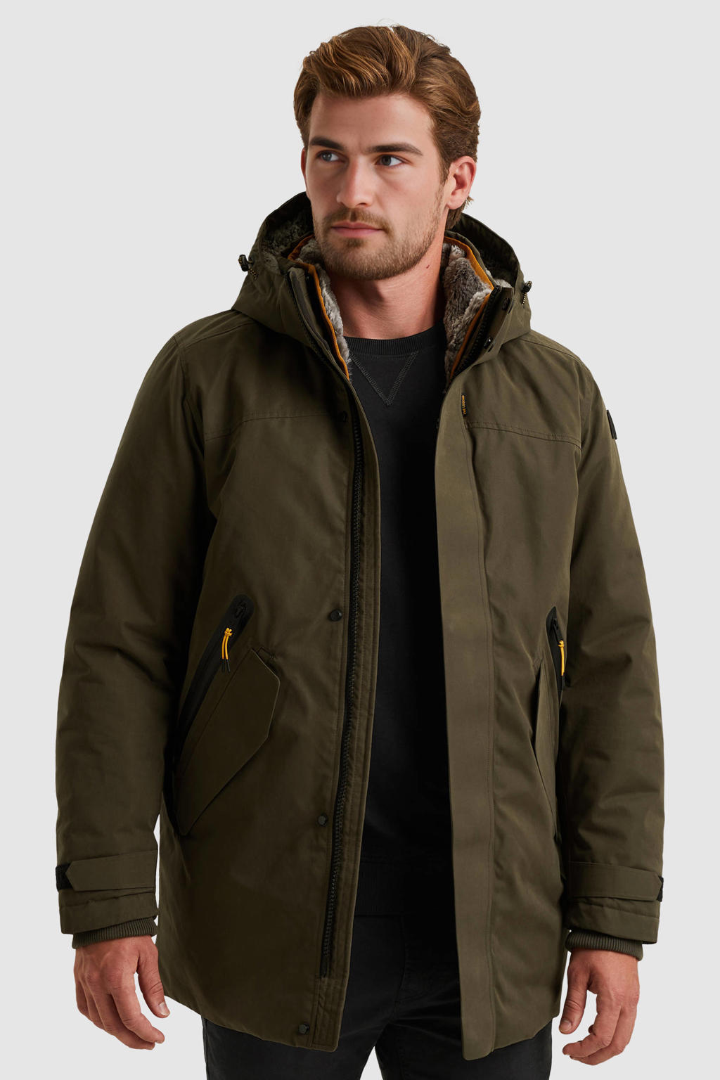 Donkergroene heren PME Legend parka van polyester met effen, lange mouwen, capuchon en rits- en drukknoopsluiting